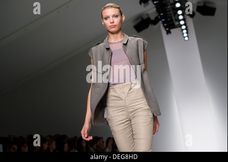 A model wears a design created by Emilio de la Morena during London Fashion Week Spring/Summer 2014. Stock Photo