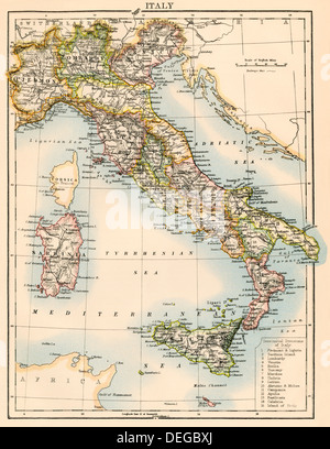 Map of Italy, 1870s. Color lithograph Stock Photo