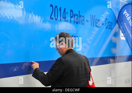 Czech Railways (CD) presented the first electric locomotive Taurus from Siemens with the logo and colour of Czech Railways. Taurus will drive between Prague, Brno, Vienna and Graz units Railjet from December 2014. There will be seven locomotives as well as units, but they are only rented from the Austrian Railways. The first locomotive was named Spirit of Brno. Taurus is seen at the Central railway station in Brno, Czech Republic, September 18, 2013. (CTK Photo/Vaclav Salek) Stock Photo