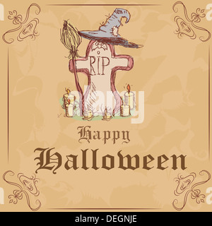 Vector illustration. Gravestone with a witch hat and broom. Halloween Stock Photo