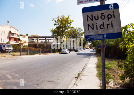 Nidri town in Lefkas Lefkada Greek Island Greece main street leading in to the village Nydri Stock Photo