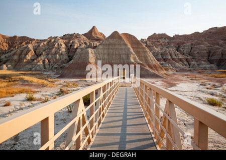 Walkway and rock formations in Badlands National Park, South Dakota Stock Photo