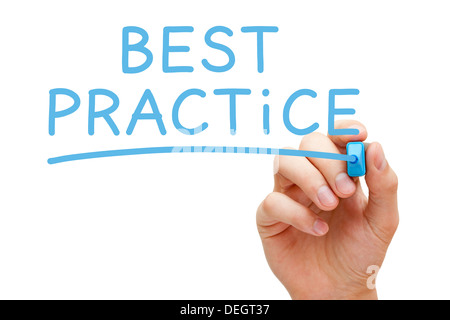 Hand writing Best Practice with blue marker on transparent wipe board. Stock Photo