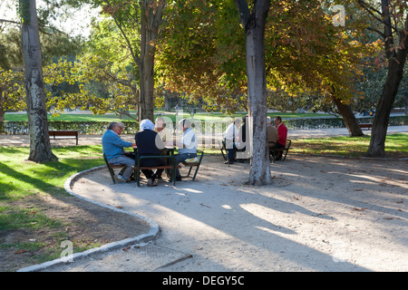 Group of mature man playing cards in Buen Retiro Park - Retiro, Madrid, Community of Madrid, Spain Stock Photo