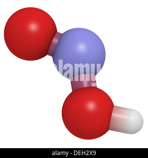 Nitrous acid (HNO2) molecule, chemical structure. Atoms are represented as spheres with conventional color coding Stock Photo