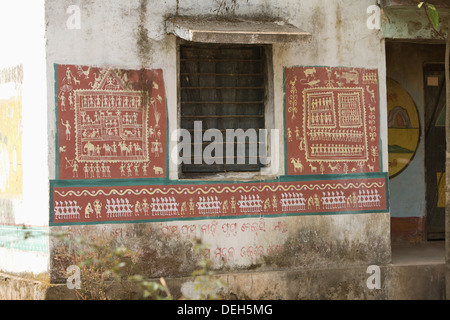 Warli Painting on the wall of house Warli tribe, Thane, Maharashtra ...