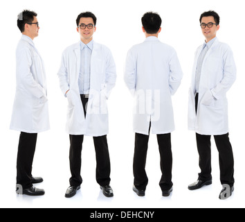 Full body Asian male beauty therapist in beautician uniform with confident smile, standing in different angle, front, back and side, isolated on white background. Stock Photo