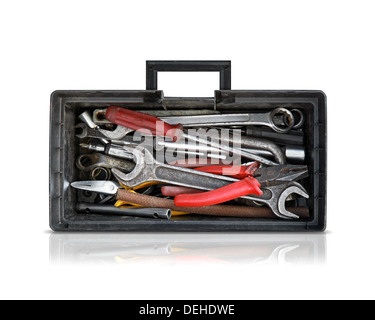 Black opened toolbox isolated on white background with soft shadow and reflection Stock Photo