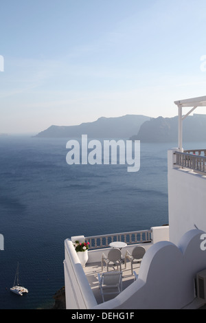 Hotel and romantic balcony on Santorini island in the Cyclades (Greece) Stock Photo