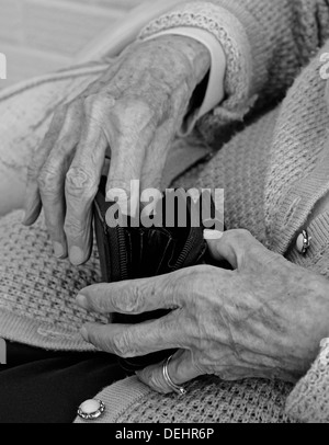 Old Senior lady lady's hands pensioner with purse Stock Photo