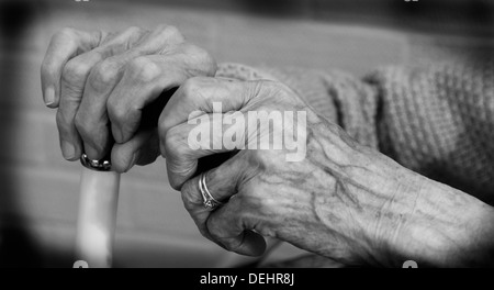 Old Senior lady lady's hands pensioner with walking stick Stock Photo