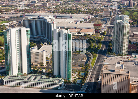 Las Vegas Nevada USA Paradise Road and Hilton Hotel viewed from the tower of the Stratosphere Casino and Hotel. JMH5457 Stock Photo