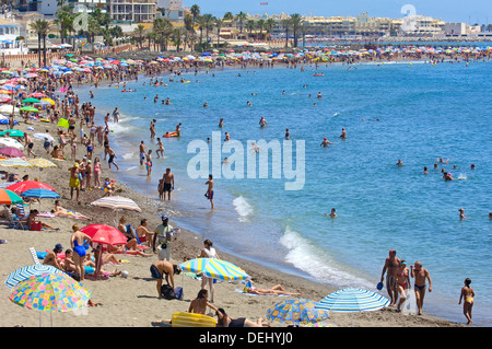 Santa Ana Beach in high season , Benalmadena. Malaga province, Costa del Sol, Andalusia, Spain Stock Photo