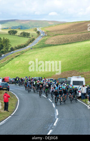 Cwm Owen, Epynt, Powys, UK. 19th September 2013. Riders approach the highest point (407 metres), of the Mynydd Epynt Range shortly after completing the Cwm Owen SKODA King of the Mountains climb out from Builth Wells. The 5th stage is 177.1 km. Photo Credit: Graham M. Lawrence/Alamy Live News. Stock Photo