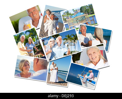 Happy retirement senior man & woman couples active romantic vacation together in summer sunshine on beach, sailing, playing golf Stock Photo