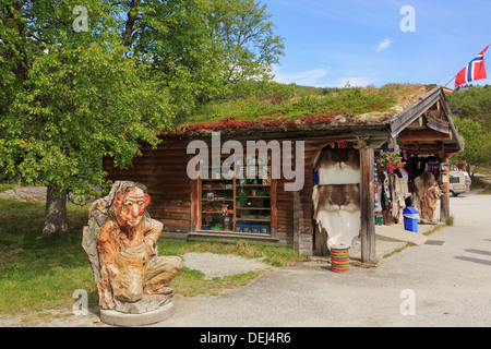 Troll sculpture and souvenir gift shop in car park at Voringsfossen waterfall, Eidfjord, Måbødalen, Hardanger, Hordaland, Norway Stock Photo