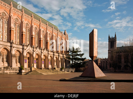 WASHINGTON - Evening at Red Square with the Broken Obelisk and Suzzallo Library at the University of Washington in Seattle. Stock Photo