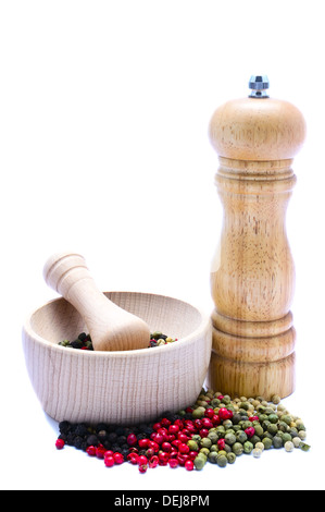 pepper mill with mortar and pestle isolated on a white background Stock Photo