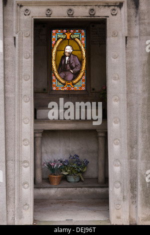 Stained glass window in family crypt, cemetery of Père Lachaise, Paris, France Stock Photo