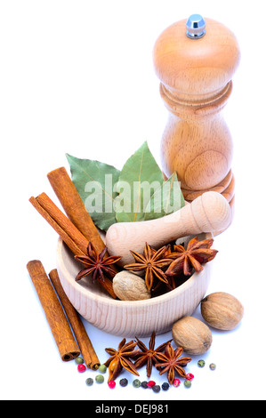 different spice with pepper mill, mortar and pestle isolated on a white background Stock Photo