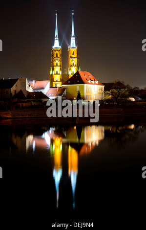 saint john the baptist cathedral in wroclaw, poland, at night Stock Photo