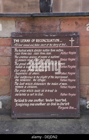The prayer on the Altar of Reconciliation in the Old Coventry Cathedral ruins, in Warwickshire, West Midlands, England, UK Stock Photo