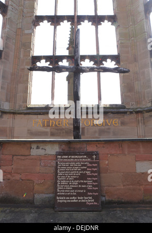 The Charred Cross and Altar of Reconciliation in the Old Coventry Cathedral ruins, in Warwickshire, West Midlands, England, UK Stock Photo