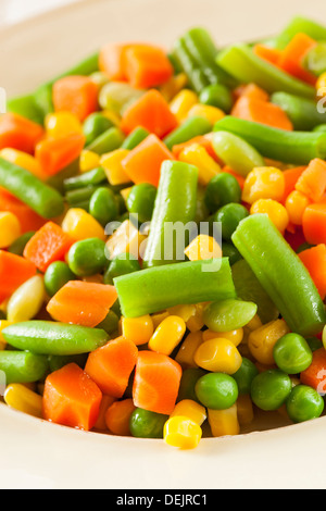 Steamed Organic Vegetable Medly with Peas, Corn, Beans, and Carrots Stock Photo