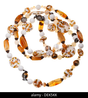 necklace from beads of brown agate stones, hematite mineral, decorated mother-of-pearl, balls of marble and natural quartz Stock Photo