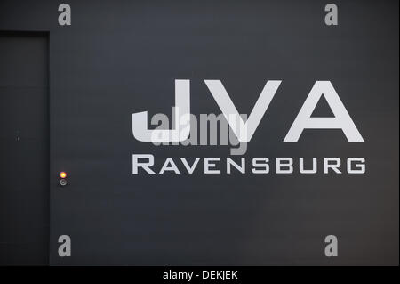 Ravensburg, Germany. 19th Sep, 2013. The logo JVA ('Justizvollzugsanstalt') stands next to the new gate of the prison in Ravensburg, Germany, 19 September 2013. Photo: Felix Kaestle/dpa/Alamy Live News Stock Photo
