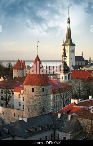 Old town of Tallinn. Houses, fortress towers with red roofs and church St. Olaf Stock Photo