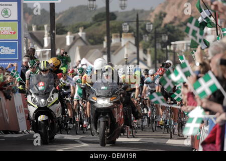 Sidmouth to Haytor, Devon, UK. 20th September 2013. The Peloton Rolls out at the start in Sidmouth Friday 20 September 2013 Tour of Britain Stage 6 Sidmouth to Haytor Dartmoor Devon UK Credit:  Anthony Collins/Alamy Live News Stock Photo