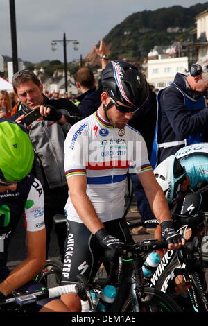 Sidmouth to Haytor, Devon, UK. 20th September 2013. Mark Cavendish in the British champion's jersey preparing for the start. Friday 20 September 2013 Tour of Britain Stage 6 Sidmouth to Haytor Dartmoor Devon UK Credit:  Anthony Collins/Alamy Live News Stock Photo