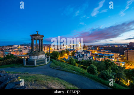 calton hill edinburgh scotland uk europe dugald stewart monument 1828 column memorial view city architecture history night Stock Photo