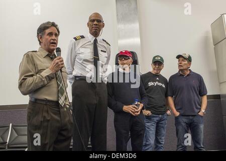 Los Angeles, California, USA. 19th Sep, 2013. From left to right actors Robert Hays, Kareem Abdul-Jabbar, directors Jim Abrahams , Jerry Zucker and David Zucker participate in the ''Airplane'' 30th Anniversary Reunion Press Conference to announce filming of 3 new 30 second commercials for Travel Wisconsin.com held at Air Hollywood studio on September 19, 2013 in Los Angeles, California. Credit:  Ringo Chiu/ZUMAPRESS.com/Alamy Live News Stock Photo