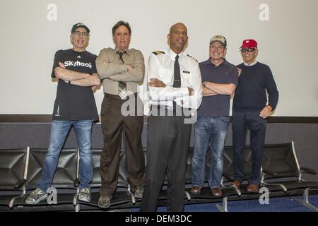 Los Angeles, California, USA. 19th Sep, 2013. From left to right director Jerry Zucker, actors Robert Hays, Kareem Abdul-Jabbar, directors David Zucker and Jim Abrahams participate in the ''Airplane'' 30th Anniversary Reunion Press Conference to announce filming of 3 new 30 second commercials for Travel Wisconsin.com held at Air Hollywood studio on September 19, 2013 in Los Angeles, California. Credit:  Ringo Chiu/ZUMAPRESS.com/Alamy Live News Stock Photo