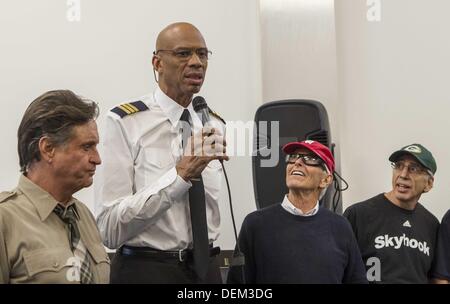 Los Angeles, California, USA. 19th Sep, 2013. From left to right actors Robert Hays, Kareem Abdul-Jabbar, directors Jim Abrahams and Jerry Zucker participate in the ''Airplane'' 30th Anniversary Reunion Press Conference to announce filming of 3 new 30 second commercials for Travel Wisconsin.com held at Air Hollywood studio on September 19, 2013 in Los Angeles, California. Credit:  Ringo Chiu/ZUMAPRESS.com/Alamy Live News Stock Photo