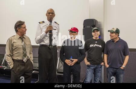 Los Angeles, California, USA. 19th Sep, 2013. From left to right actors Robert Hays, Kareem Abdul-Jabbar, directors Jim Abrahams , Jerry Zucker and David Zucker participate in the ''Airplane'' 30th Anniversary Reunion Press Conference to announce filming of 3 new 30 second commercials for Travel Wisconsin.com held at Air Hollywood studio on September 19, 2013 in Los Angeles, California. Credit:  Ringo Chiu/ZUMAPRESS.com/Alamy Live News Stock Photo