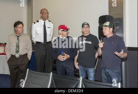 Los Angeles, California, USA. 19th Sep, 2013. From left to right actors Robert Hays, Kareem Abdul-Jabbar, directors Jim Abrahams , Jerry Zucker and David Zucker participate in the ''Airplane'' 30th Anniversary Reunion Press Conference to announce filming of 3 new 30 second commercials for Travel Wisconsin.com held at Air Hollywood studio on September 19, 2013 in Los Angeles, California. Credit:  Ringo Chiu/ZUMAPRESS.com/Alamy Live News Stock Photo