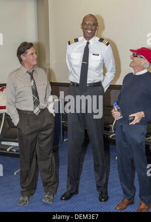 Los Angeles, California, USA. 19th Sep, 2013. From left to right actors Robert Hays, Kareem Abdul-Jabbar, and director Jim Abrahams participate in the ''Airplane'' 30th Anniversary Reunion Press Conference to announce filming of 3 new 30 second commercials for Travel Wisconsin.com held at Air Hollywood studio on September 19, 2013 in Los Angeles, California. Credit:  Ringo Chiu/ZUMAPRESS.com/Alamy Live News Stock Photo