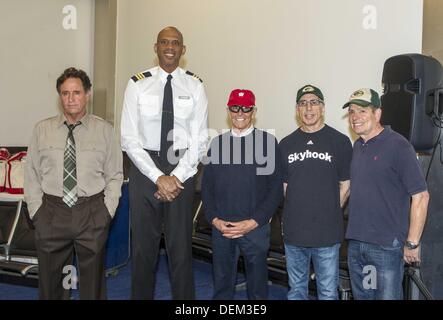 Los Angeles, California, USA. 19th Sep, 2013. From left to right actors Robert Hays, Kareem Abdul-Jabbar, directors Jim Abrahams , Jerry Zucker and David Zucker participate in the ''Airplane'' 30th Anniversary Reunion Press Conference to announce filming of 3 new 30 second commercials for Travel Wisconsin.com held at Air Hollywood studio on September 19, 2013 in Los Angeles, California. Credit:  Ringo Chiu/ZUMAPRESS.com/Alamy Live News Stock Photo