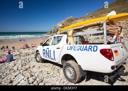 A lifeguard vehicle at Chapel Porth on the Cornish coast, near St Agnes. Stock Photo