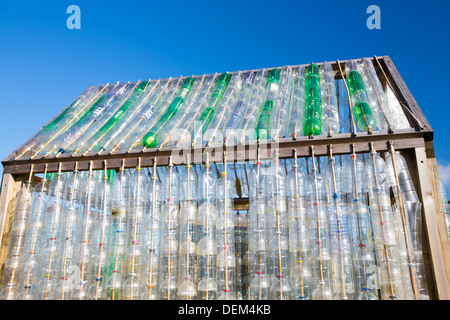 A greenhouse made from waste plastic drinks bottles in the community garden at Mount Pleasant Ecological Park Stock Photo