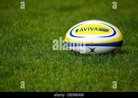 Salford, UK. 20th Sep, 2013. Game ball during the Aviva Premiership game between Sale Sharks and London Wasps from the AJ Bell Stadium. Credit:  Action Plus Sports/Alamy Live News Stock Photo