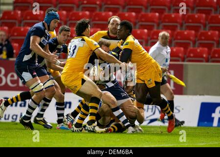 Salford, UK. 20th Sep, 2013. London Wasps wing Ben Jacobs during the Aviva Premiership game between Sale Sharks and London Wasps from the AJ Bell Stadium. Credit:  Action Plus Sports/Alamy Live News Stock Photo