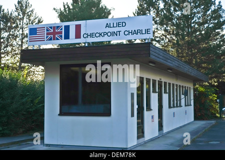 The original Checkpoint Charlie guardpost on display at the Allied Museum, Berlin. Stock Photo