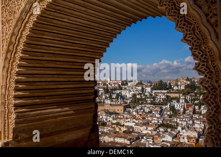 Albaicín and Sacromonte quarters from the Nazaries palaces, in Alhambra. Granada. Spain. Stock Photo