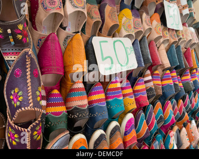 Colorful Babouche leather slippers for sale in Morocco Stock Photo