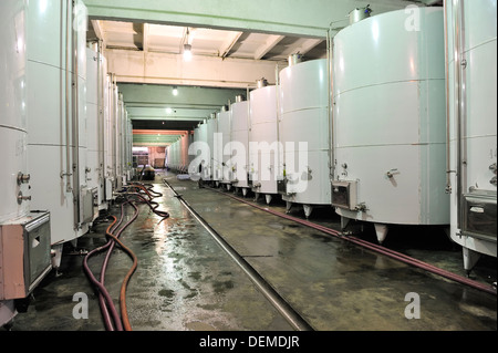 wine tanks and wodden barrels in wine cellar in wine area Kakheti, Georgia Stock Photo