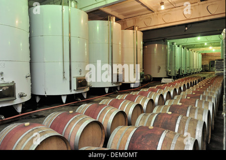 wine tanks and wodden barrels in wine cellar in wine area Kakheti, Georgia Stock Photo